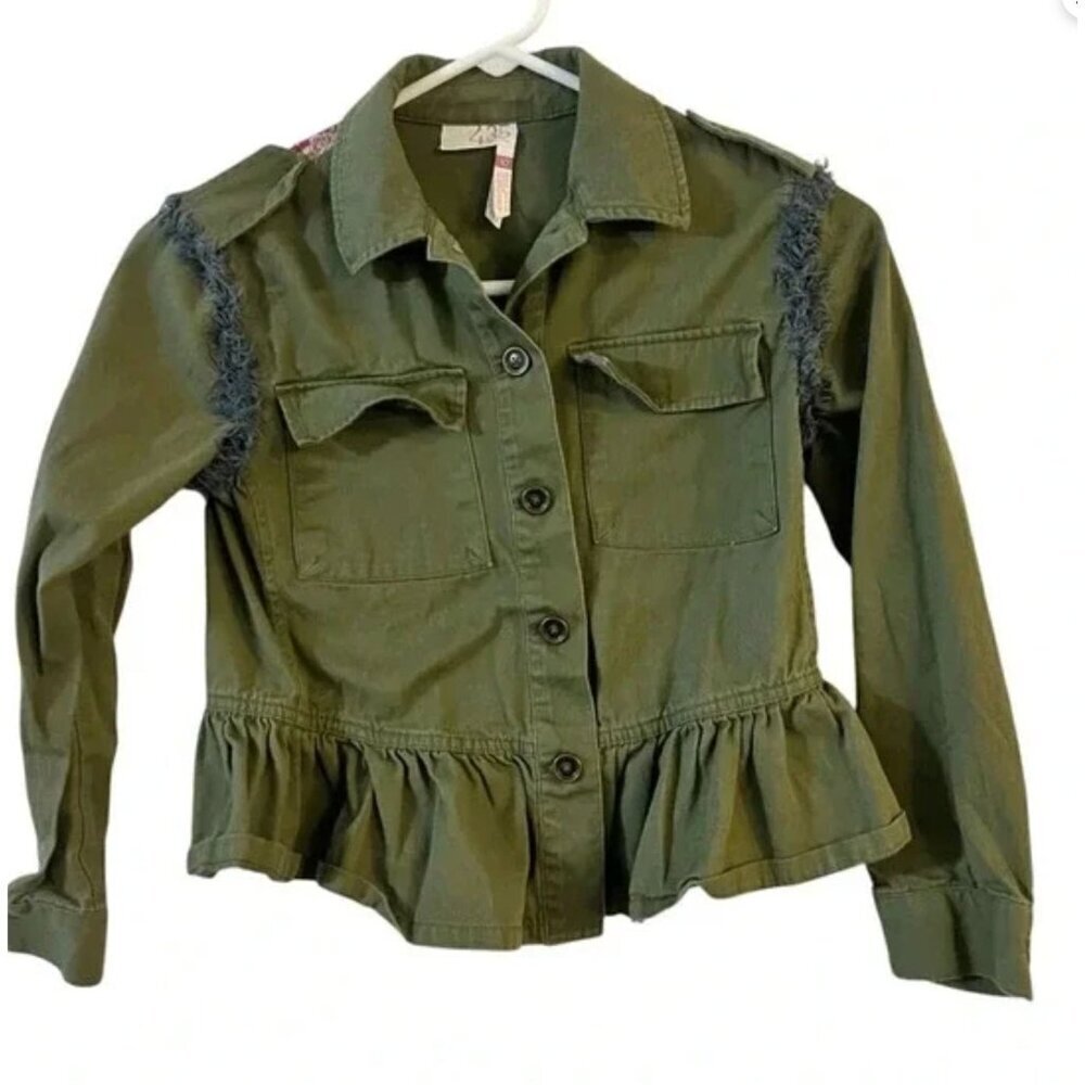 Matilda Jane Girls Olive Green Peplum Jacket W/Fringe & Patchwork Back Long Slee